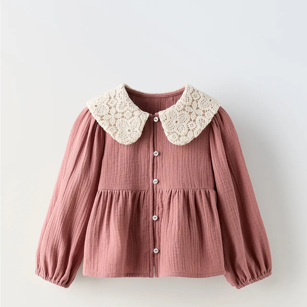 Zara Pink and Cream Blouse with Lace Collar and Balloon Sleeves